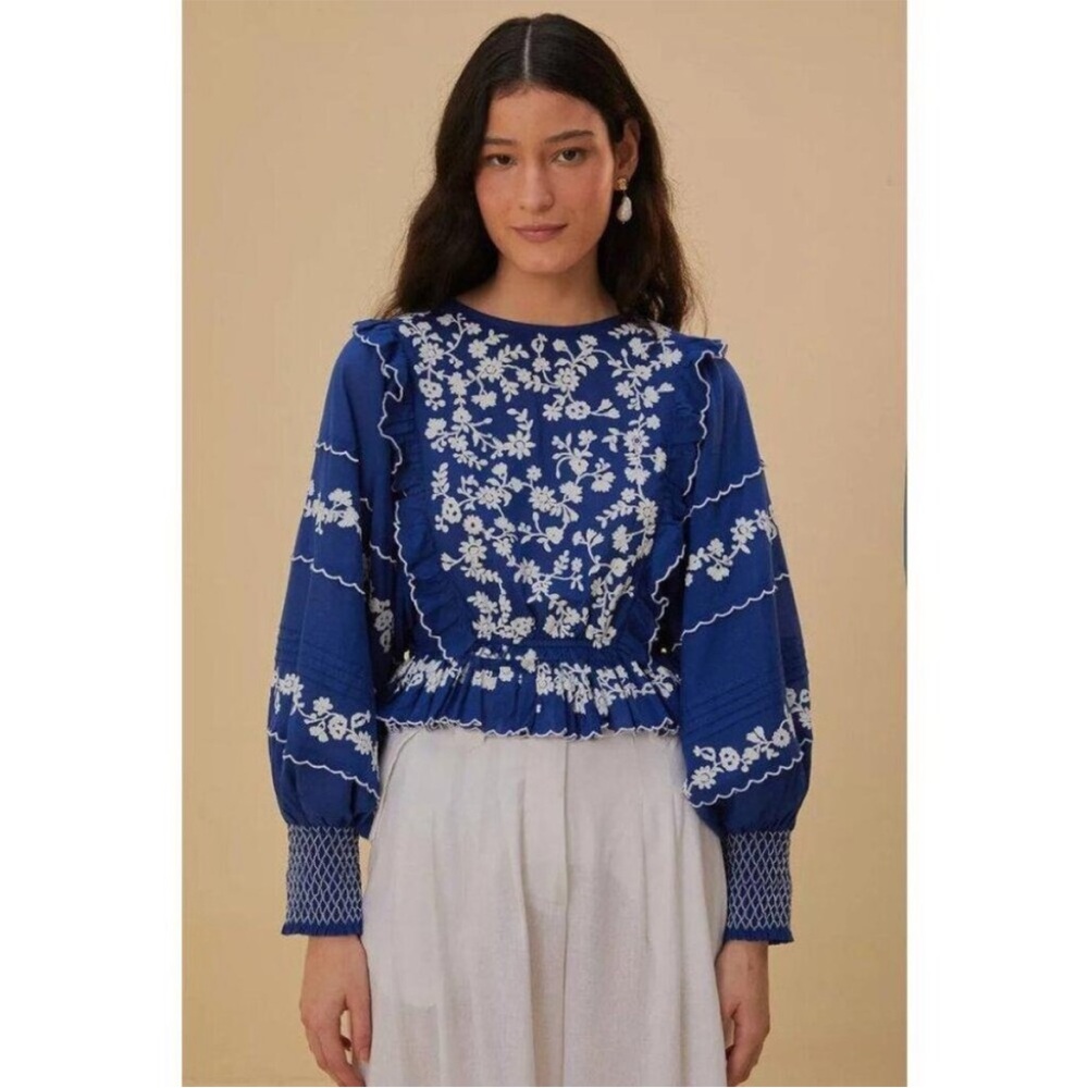 Farm Rio x Anthropologie Navy Blue Embroidered Long Sleeve Blouse Size XS NWT